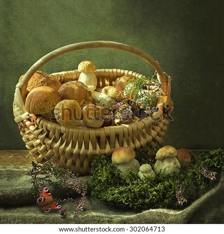 Still life with basket of mushrooms