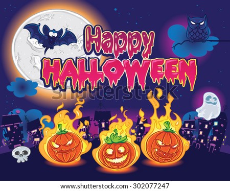 Hand drawn vector Happy Halloween illustration with burning pumpkins, a ghost, a skull, an owl, a bat on a full moon city silhouette background.