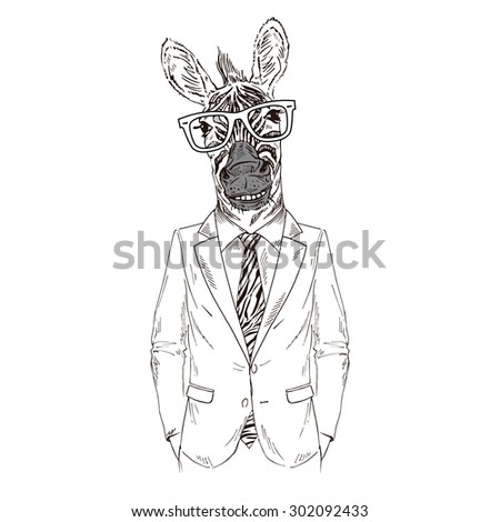 smily zebra boy dressed up in office suit, fashion animal illustration, anthropomorphic design, furry art, hand drawn graphic 
