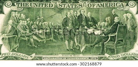 Signing the declaration of independence on the 2 US dollars bank note made in 1976