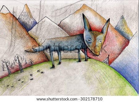 Pencil illustration of fox, mountains. Conceptual illustration of sadness, loneliness, searching for answers.