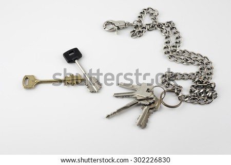 Bunch of door keys with chain isolated on white background.