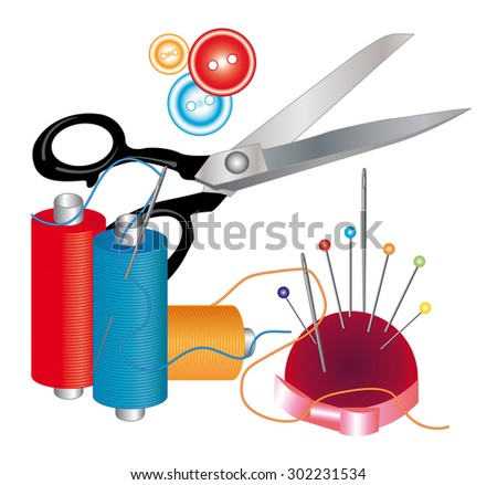 thread, needles, scissors and buttons on a white background