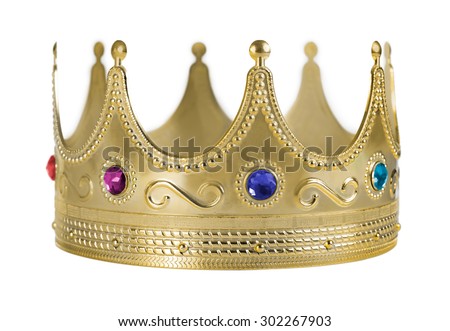 Golden crown replica with gem stones isolated on white background. Royalty-Free Stock Photo #302267903