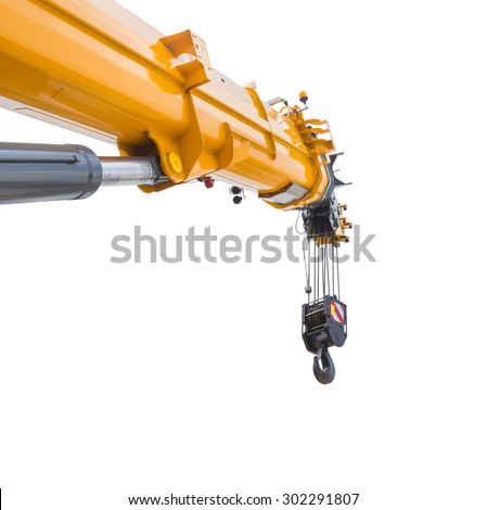 Yellow crane boom with hooks isolated on a white background with clipping paths Royalty-Free Stock Photo #302291807