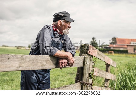 Elderly grey-haired bearded farmer leaning on a paddock fence watching his animals with farm buildings in the distance Royalty-Free Stock Photo #302298032