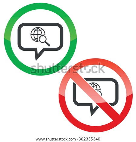 Allowed and forbidden signs with globe under loupe in chat bubble, isolated on white