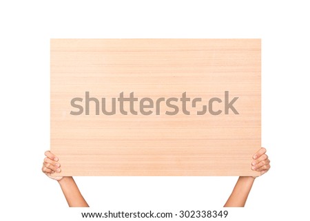 Hand holding wooden board isolated on white