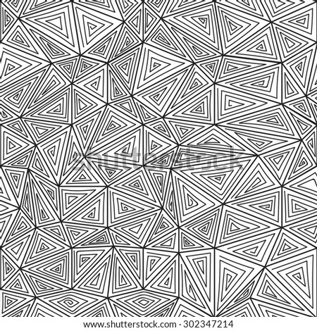 Vector low poly zentangle seamless pattern. Abstract low poly graphic repeat pattern. Black and white polygonal seamless hand-drawn background.