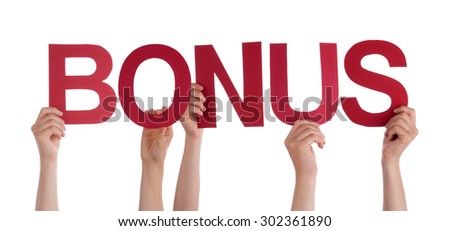 Many Caucasian People And Hands Holding Red Straight Letters Or Characters Building The Isolated English Word Bonus On White Background