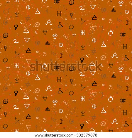 Vector geometric pattern with alchemy symbols and shapes in small size. Abstract occult, mystic signs on parchment. Back of tarot cards design. Magic print and astrology background. Ancient manuscript