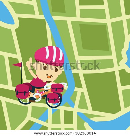 happy man cyclist riding a bicycle touring on map