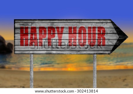 Red Happy Hour wooden sign with a beach on background