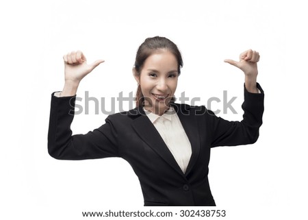 Successful asian businesswoman with two thumbs up, isolated on white
