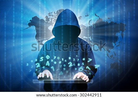 Computer hacker silhouette of hooded man with binary data and network security terms Royalty-Free Stock Photo #302442911