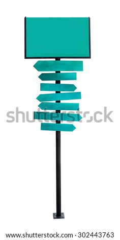 wooden arrow sign post or road signpost on white background