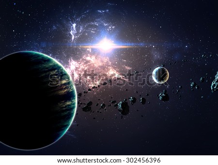 Planets over the nebulae in space. Elements of this image furnished by NASA