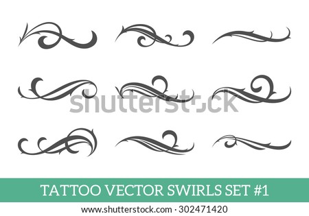 Set of nine vector tattoo style swirls for cool art or text decoration. Calligraphic flourishes collection. 