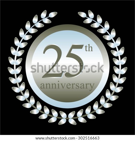 Vector illustration of Silver laurel wreath on a black background. 25 th anniversary