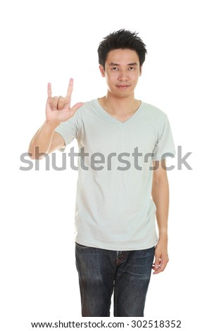 man in t-shirt with hand sign I love you isolated on white background