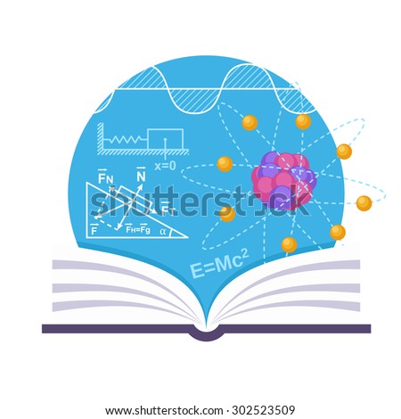 Physics emblem with a book, structure of atom and some schemes
