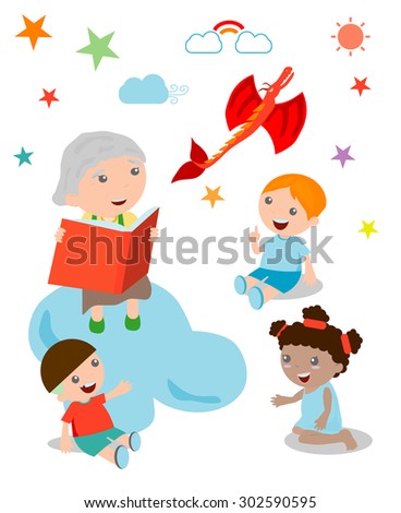 Illustration of Kids Listening to Their Grandmother Tell a Story, open book with dragon, Imagination ,Vector Illustration