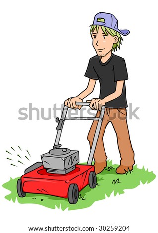 A young man cutting grass with a push lawn mower.