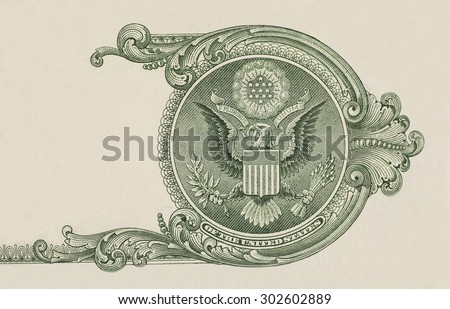 Eagle on  U.S. dollar bill closeup macro, 1 usd banknote Royalty-Free Stock Photo #302602889