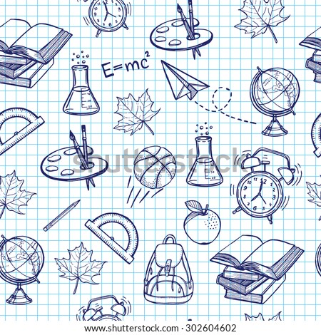 Hand drawn back to school seamless pattern. Books, backpack, bicycle, maple leaf, basketball, pencil, globe, apple, palette with brushes, paper plane, alarm clock, clip, lab flask. 