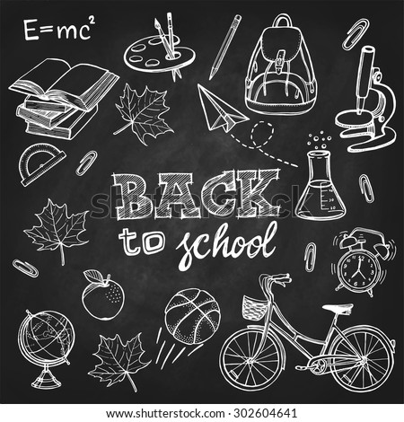 Hand drawn back to school set. Books, backpack, bicycle, maple leaf, basketball, pencil, globe, apple, palette, brushes, paper plane, alarm clock, clip, microscope, lab flask. Chalkboard background