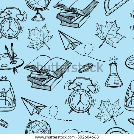 Hand drawn back to school seamless pattern. Books, backpack, maple leaf, globe, palette with brushes, paper plane, alarm clock, clip, lab flask. Blue background