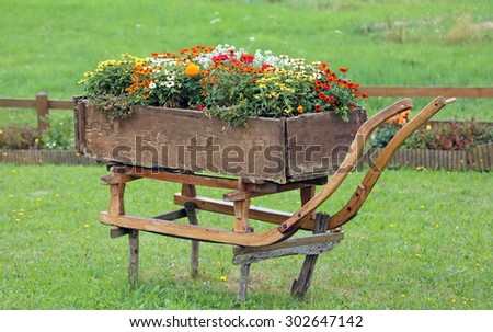 old wooden sled decorated with vases of flowers in the mountain resort in summer