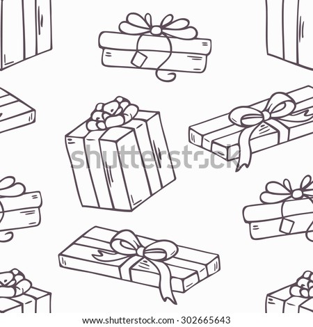 Hand drawn cartoon gift box outline seamless pattern. Doodle holiday vector background in black and white