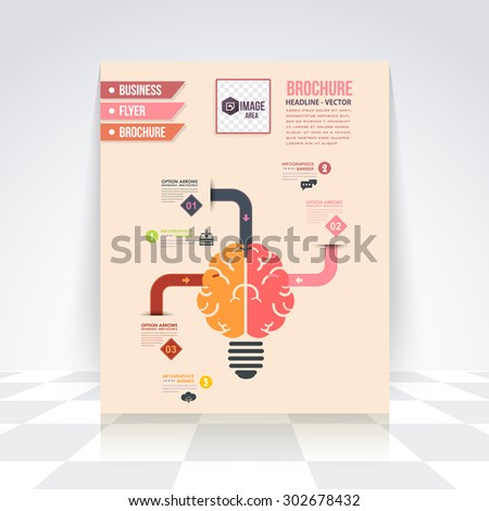 Flat Style Brain and Creative Think Business Infographics Template, Flyer, Numbered Banner, Icon Elements, Corporate Brochure Design