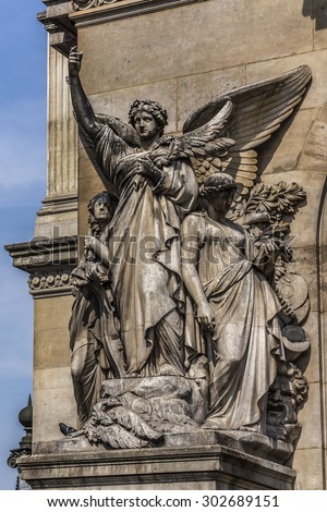 Opera National de Paris: Grand Opera (Garnier Palace) is famous neo-baroque building in Paris, France - UNESCO World Heritage Site. Sculpture.