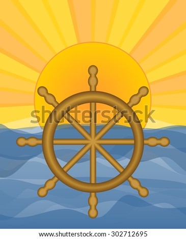 Sea with sun about the level, in foreground rudder. Background suitable for water sports, boat rental, fishing activity, boat trips. Cheerful summer background.