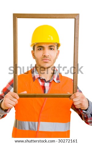 Construction worker looking through an empty frame