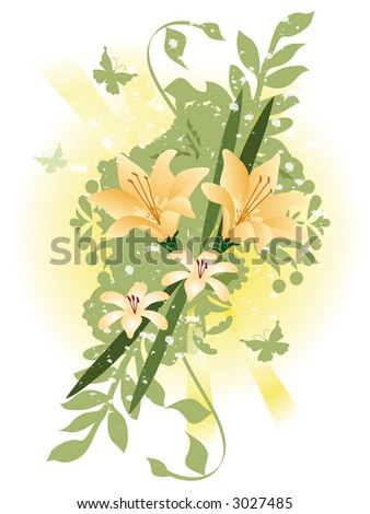 Flower swag with tiger lilies,ivy vines and butterfly over a white background.Illustration