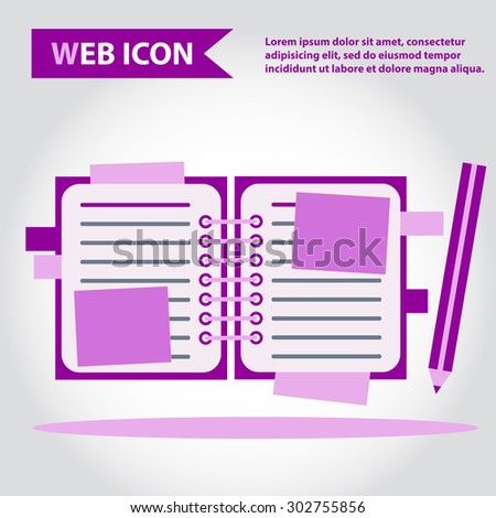 Illustration of copy-book for learning and writing, paper document with pencil web icon, vector.