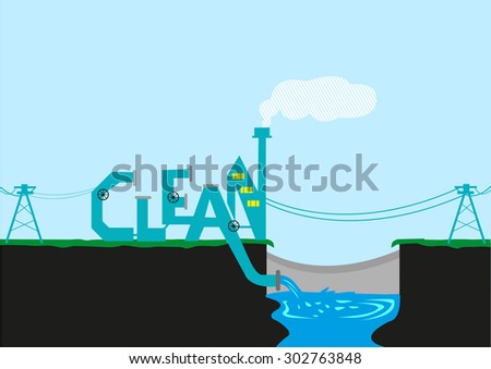 Treatment Plant or Factory Beside a Dam in stylized Clean typography. Editable Clip Art.