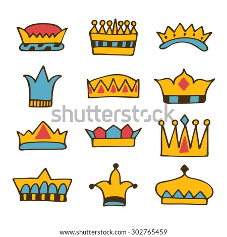Doodle set of crowns. Hand drawn crowns. Vector illustration