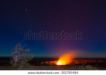 Erupting volcano in Hawaii Volcanoes National Park, Big Island, Hawaii. Night photos with long exposure. Royalty-Free Stock Photo #302785484