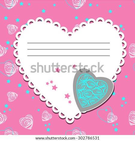 postcard in the form of hearts, pink background with white hearts,blue hearts