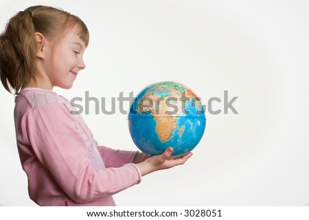 The girl with the globe on a white background