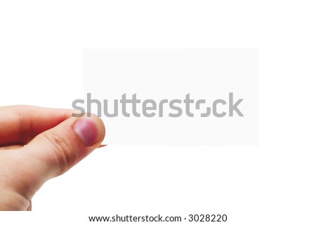 hand holding a blank white card on a white background