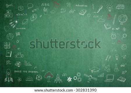 Doodle on green school chalkboard with blank copyspace for childhood imagination and education success concept