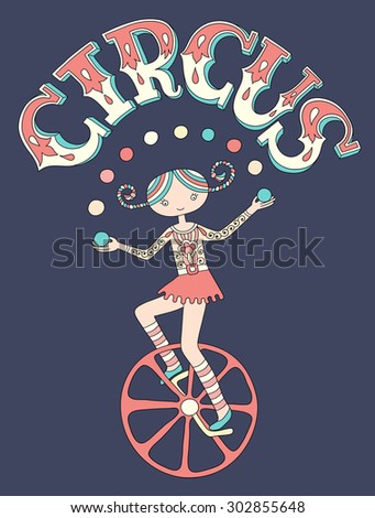 line art drawing of circus theme - teenage girl juggler on unicycle with inscription CIRCUS on dark blue background, vector illustration