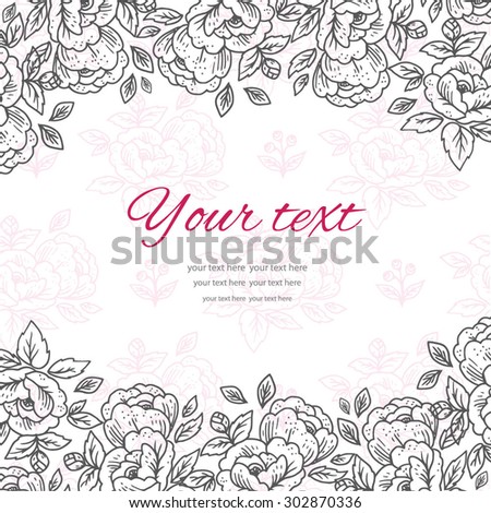Greeting card or invitation with linear floral background. Floral vector illustration.