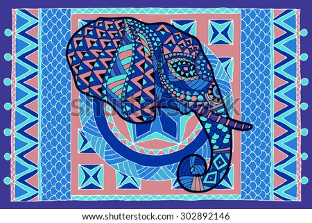 Ethnic patterned head of elephant on the grange background/ African, Indian design. Use for print, posters, t-shirts.The head of an elephant with ornament on the background of the carpet in blue.