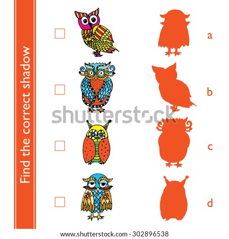 Find the correct shadow (owl). Match the pictures of cute vivid owls to their shadows.